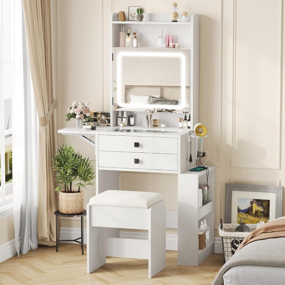 Desk Setup In Small Bedroom - Mała toaletka z 3 regulowanymi, podświetlanymi